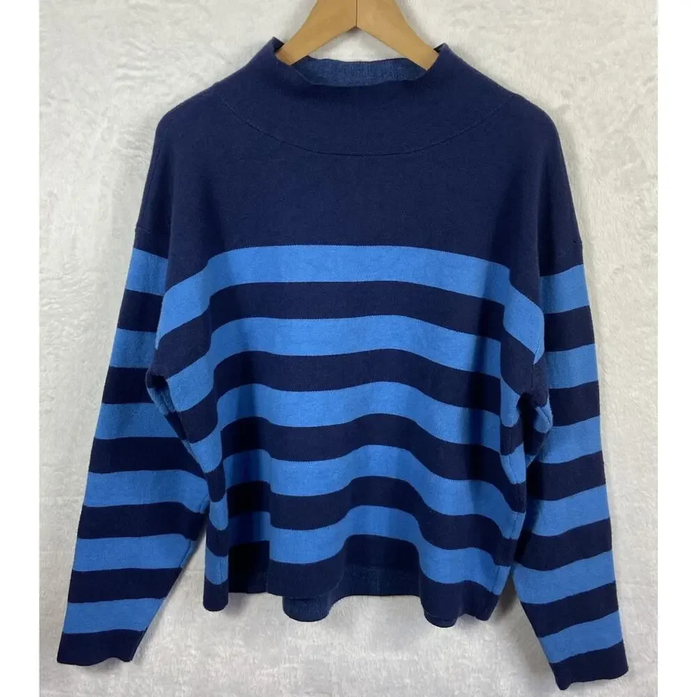Maeve Anthropologie Striped Sweater Women’s Mock Neck Retro Blue Tones Medium
